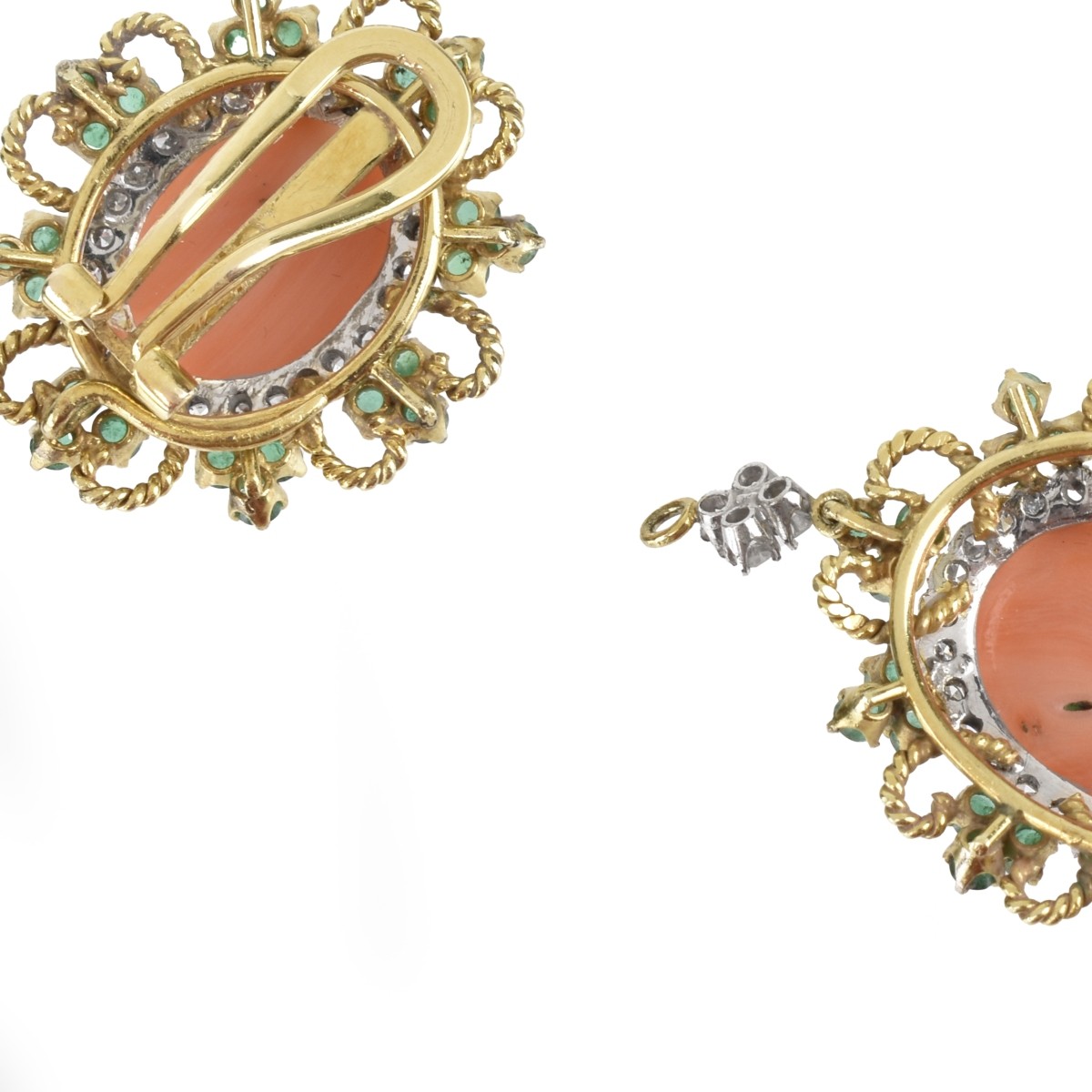 Coral, Diamond, Emerald and 18K Earrings