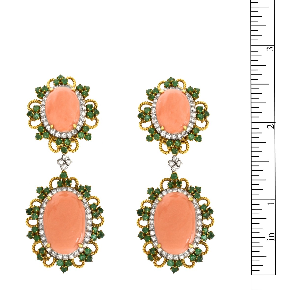 Coral, Diamond, Emerald and 18K Earrings