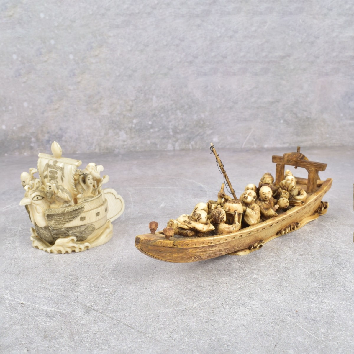 Two Antique Carved Japanese Figures of Boats