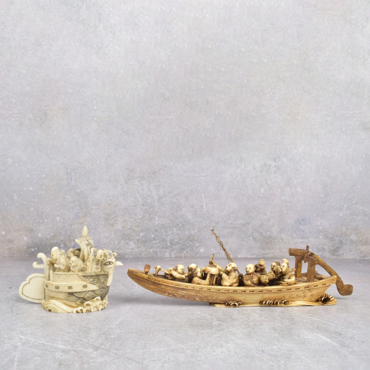Two Antique Carved Japanese Figures of Boats