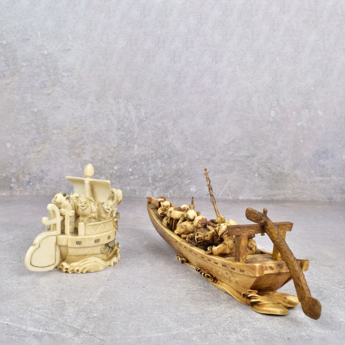 Two Antique Carved Japanese Figures of Boats