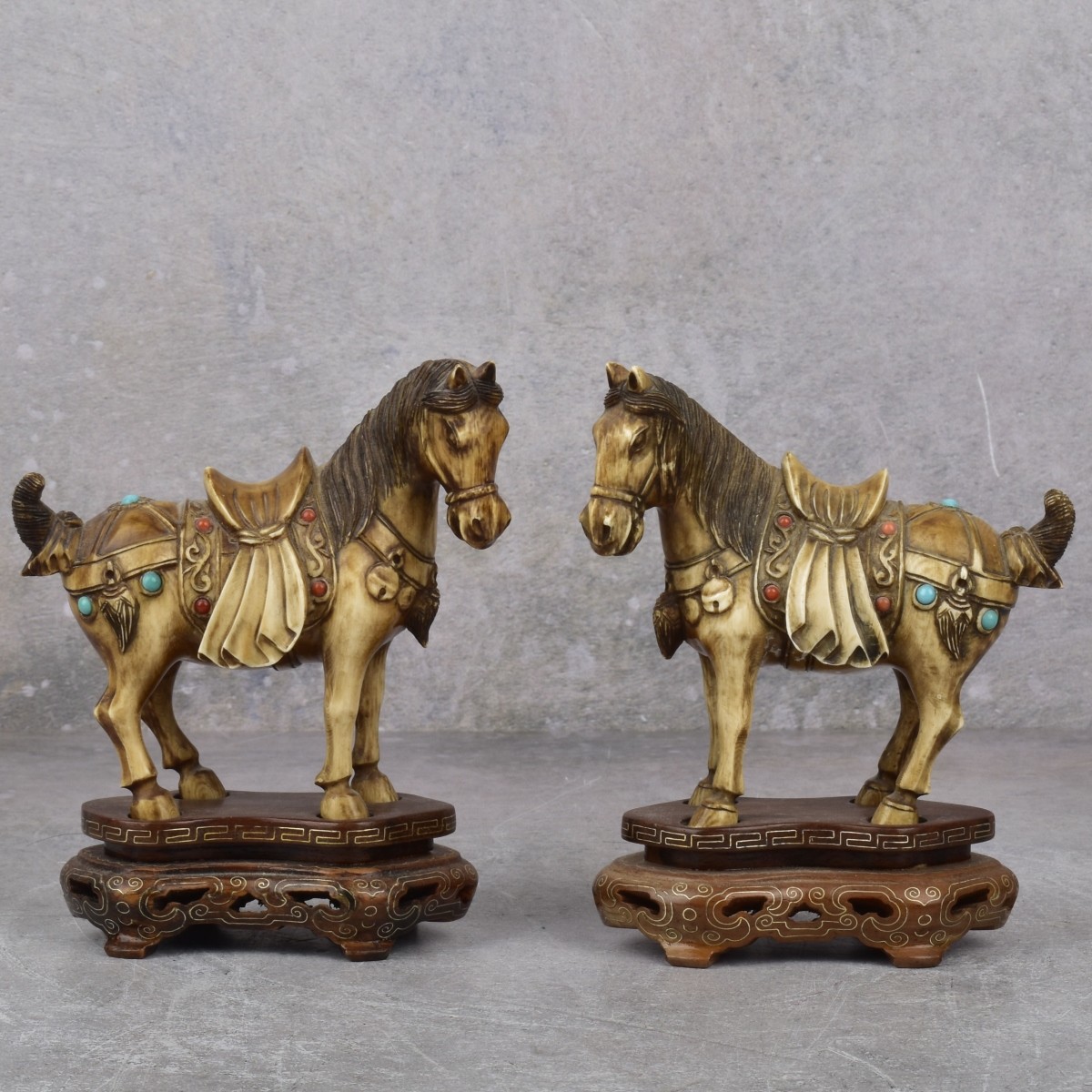 Chinese Tea Stained Carved Tang Horse Figures