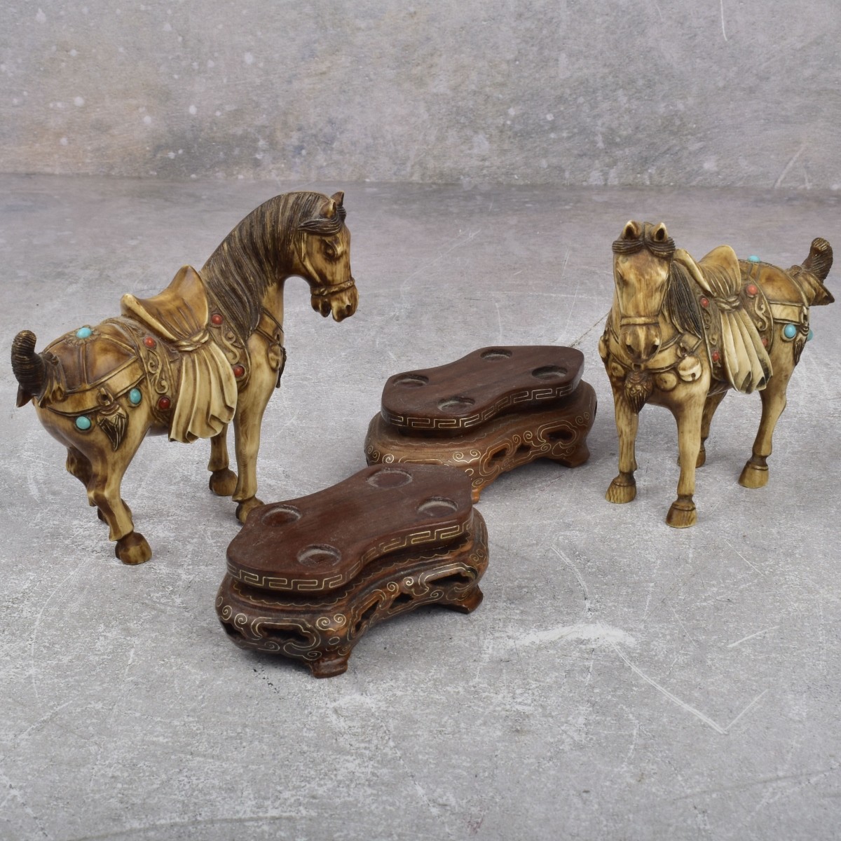 Chinese Tea Stained Carved Tang Horse Figures