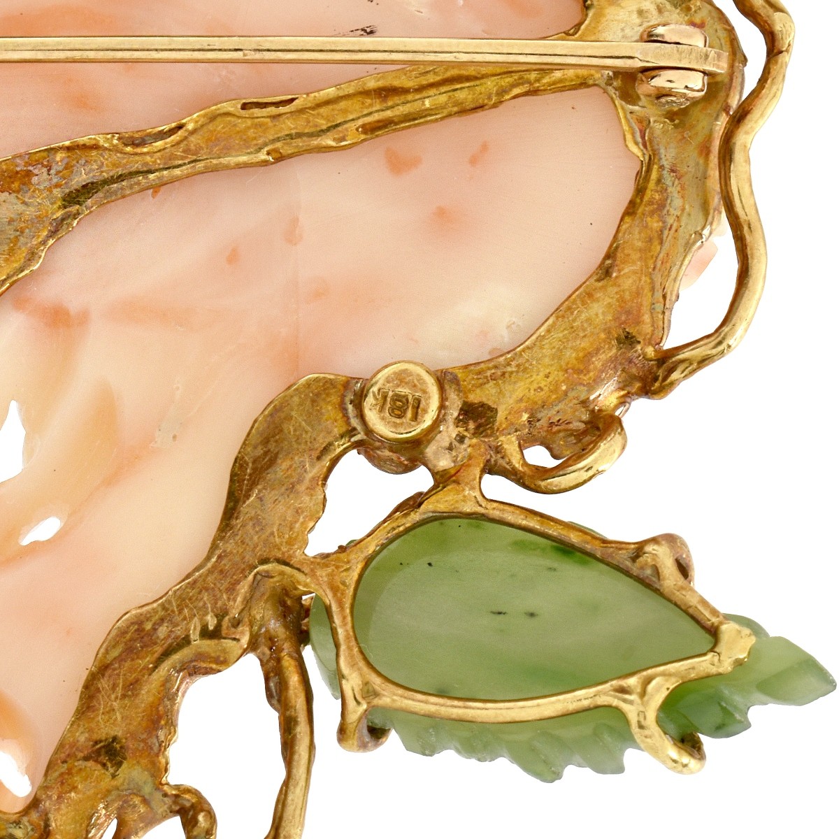 Coral, Jade and 18K Brooch