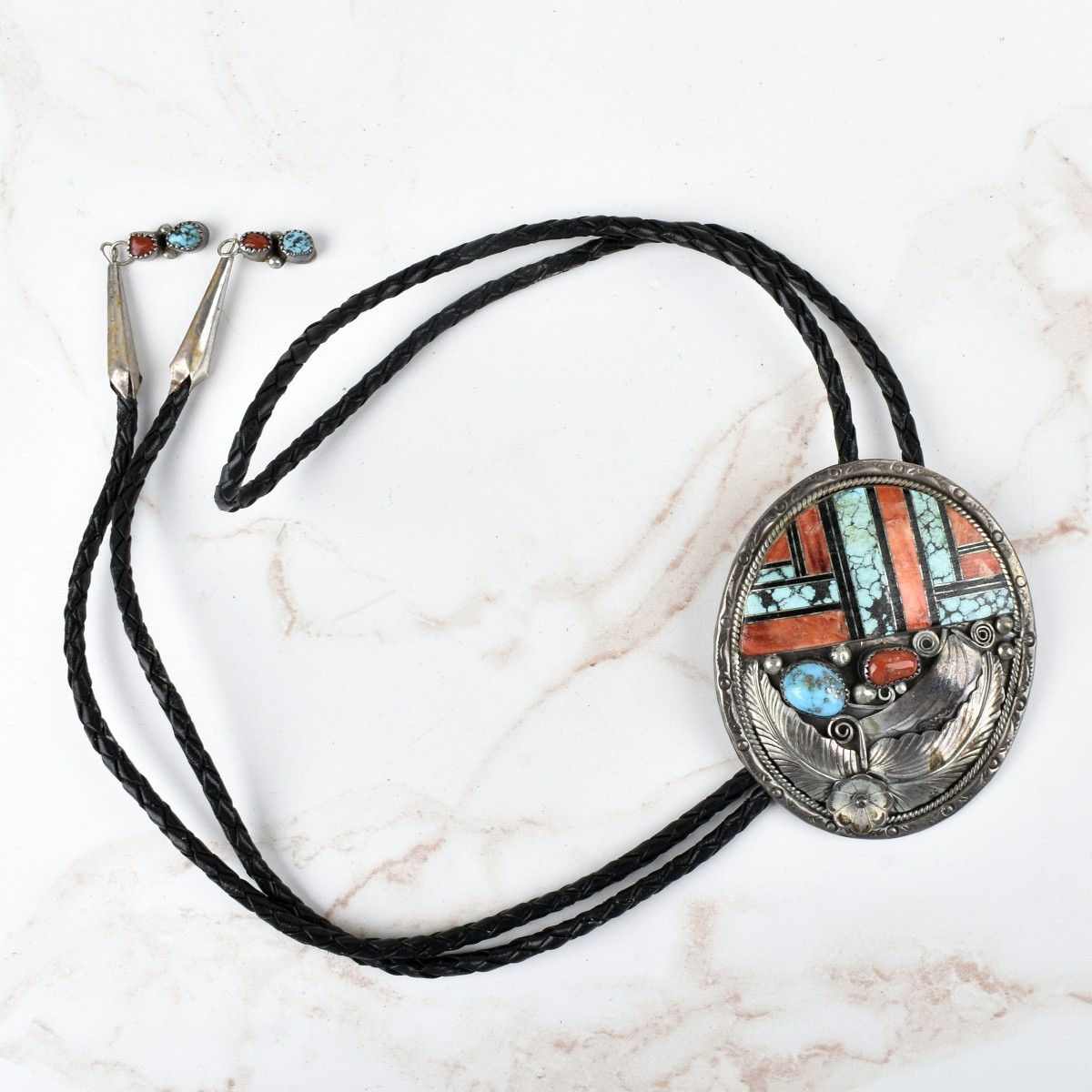 Navajo Turquoise, Coral and Silver Bolo Tie