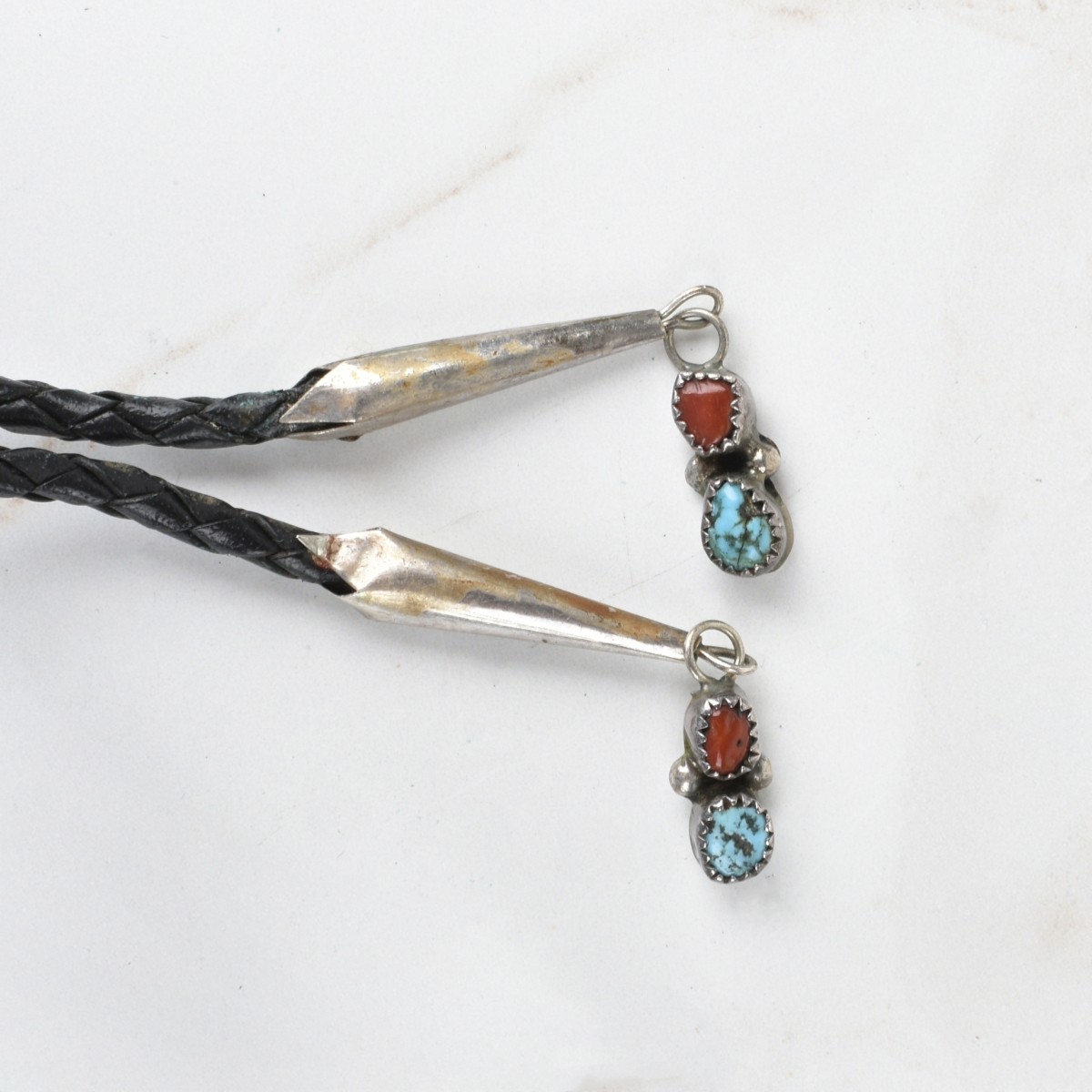 Navajo Turquoise, Coral and Silver Bolo Tie