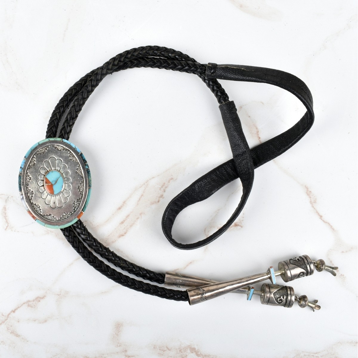 Native American Turquoise, Coral & Silver Bolo Tie