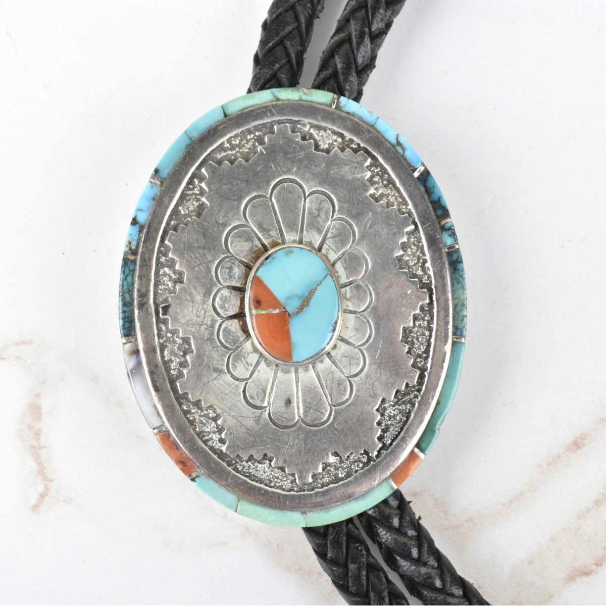Native American Turquoise, Coral & Silver Bolo Tie
