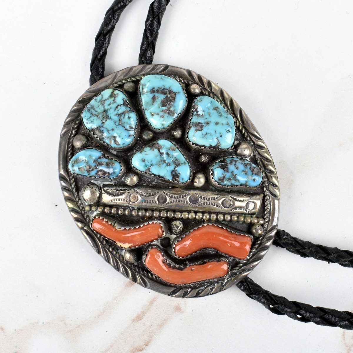 Navajo Turquoise, Coral and Silver Bolo Tie