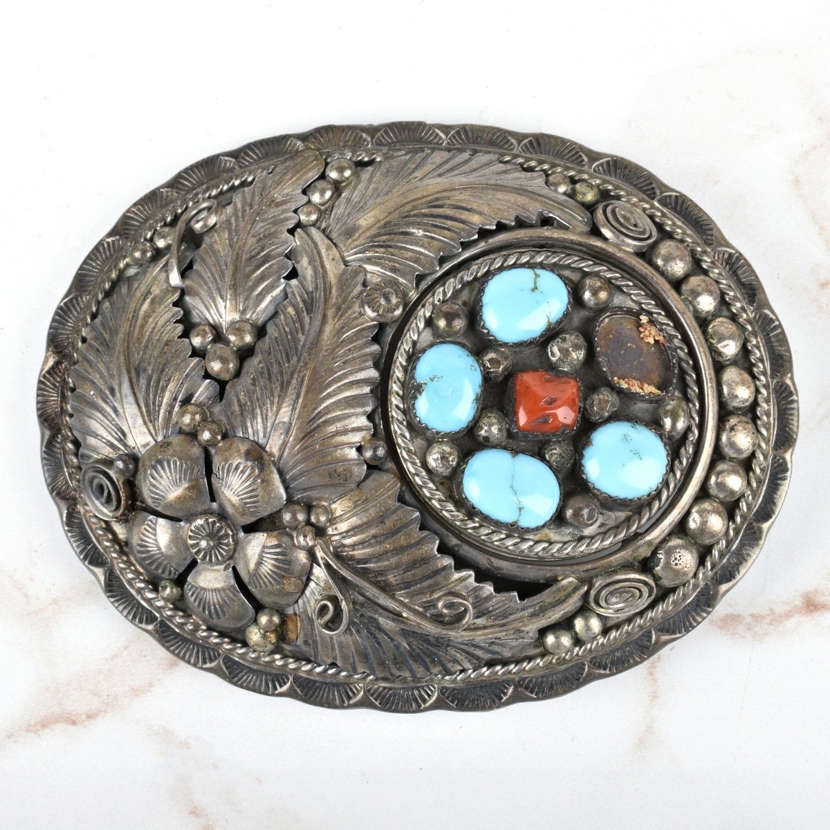 Navajo Turquoise, Coral and Silver Belt Buckle