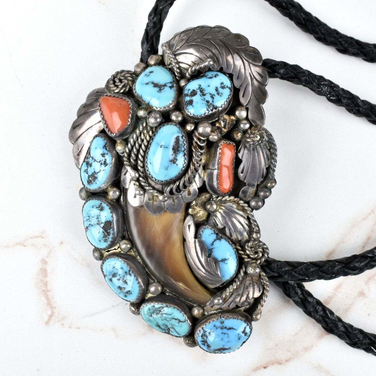 Navajo Turquoise, Coral & Silver Bolo Tie