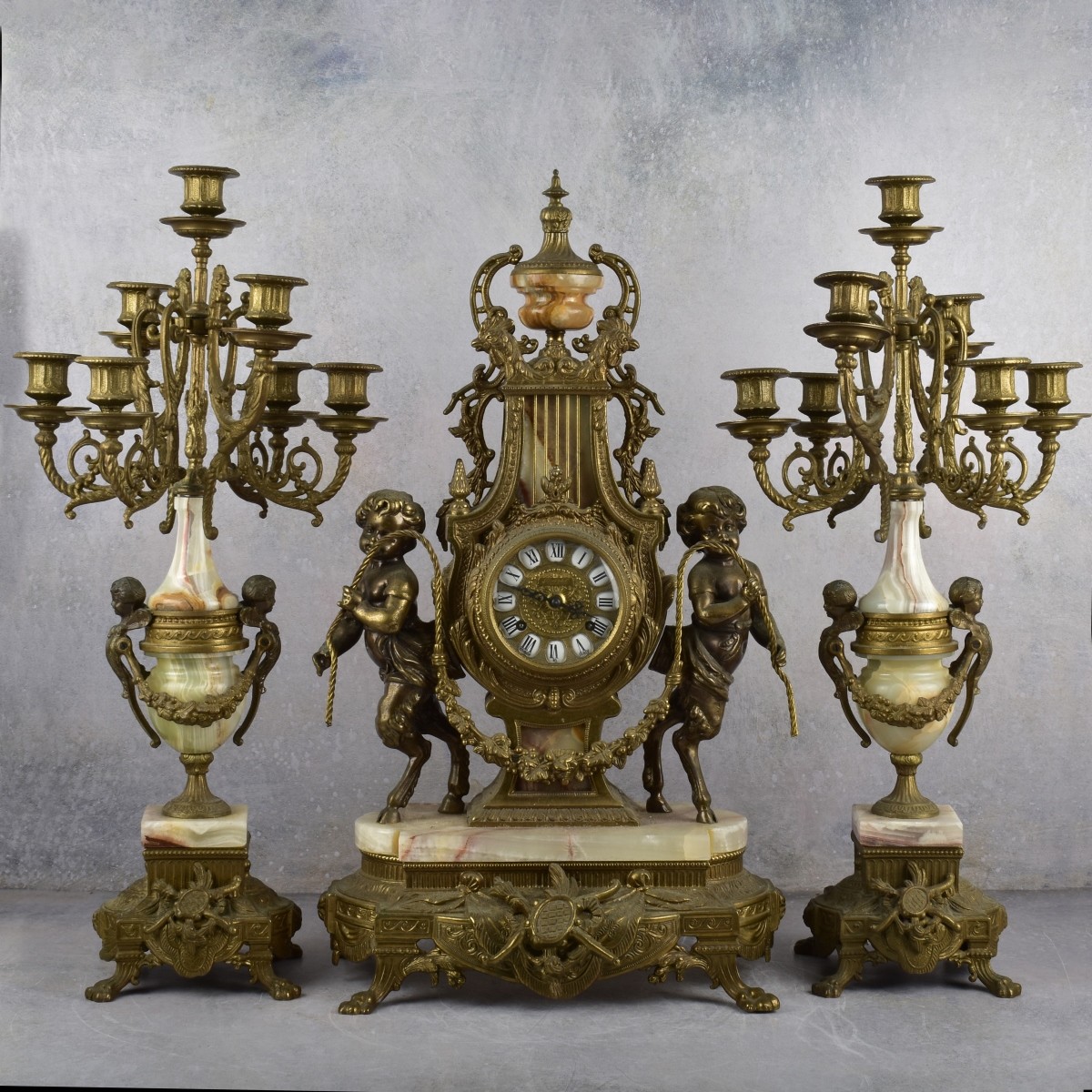 Brass and Pink Onyx Garniture Set