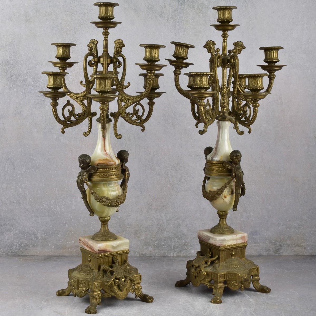 Brass and Pink Onyx Garniture Set