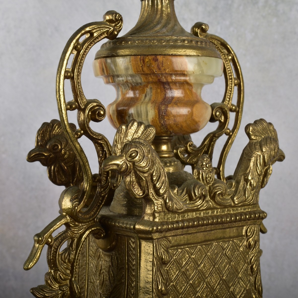 Brass and Pink Onyx Garniture Set