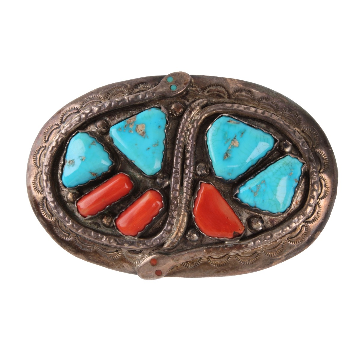 Zuni Coral, Turquoise and Silver Belt Buckle