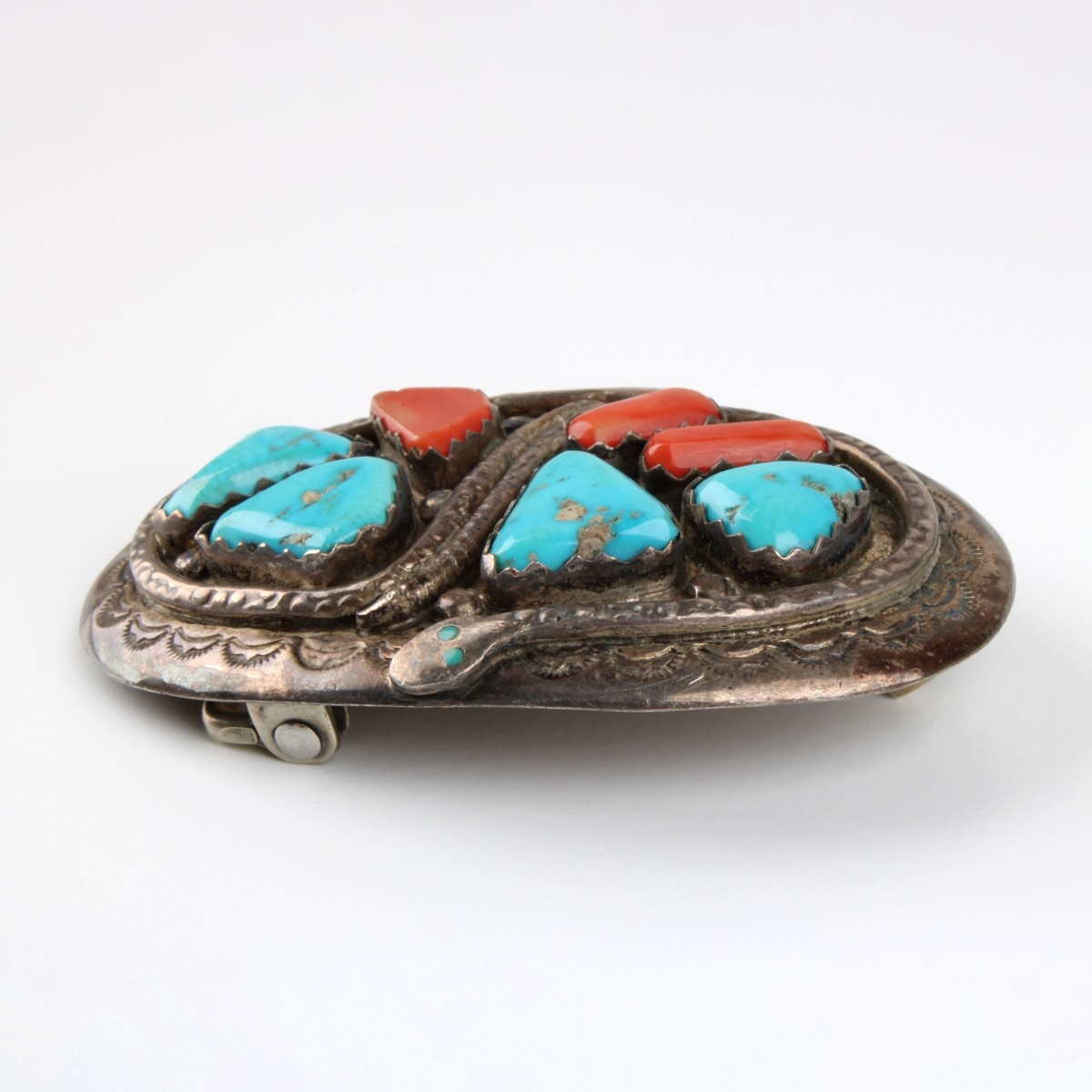 Zuni Coral, Turquoise and Silver Belt Buckle