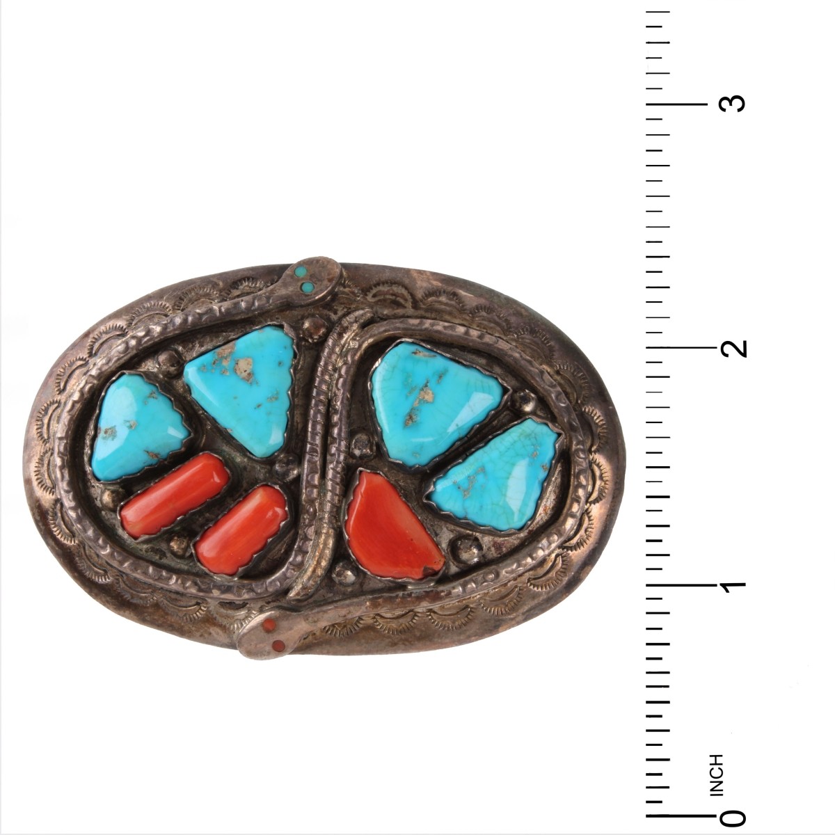 Zuni Coral, Turquoise and Silver Belt Buckle