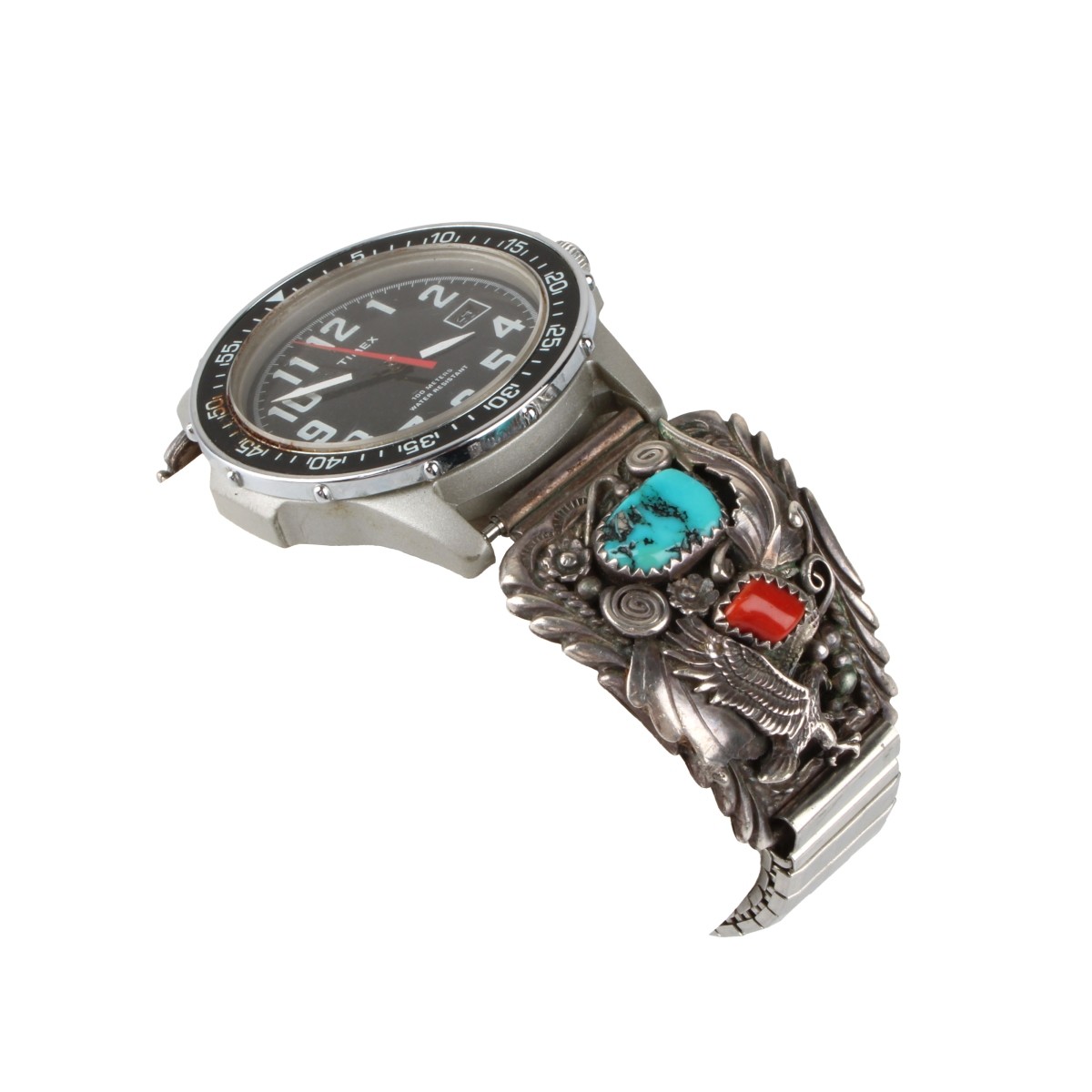 Navajo Turquoise, Coral & Silver Watch Bracelet