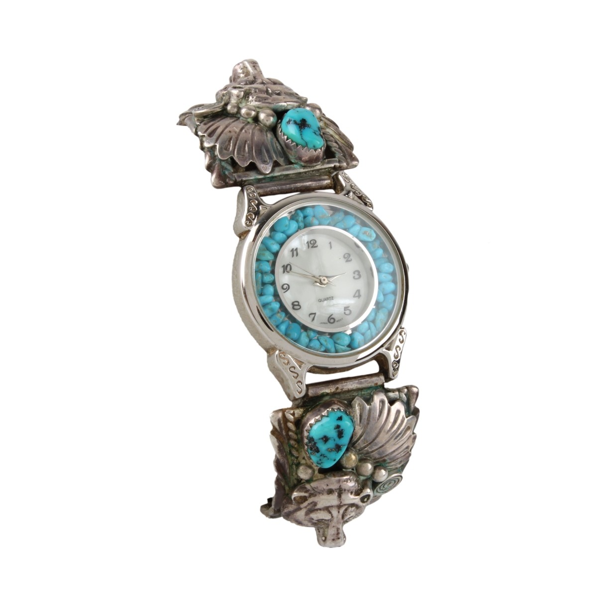 Navajo Turquoise, Coral & Silver Watch Bracelet