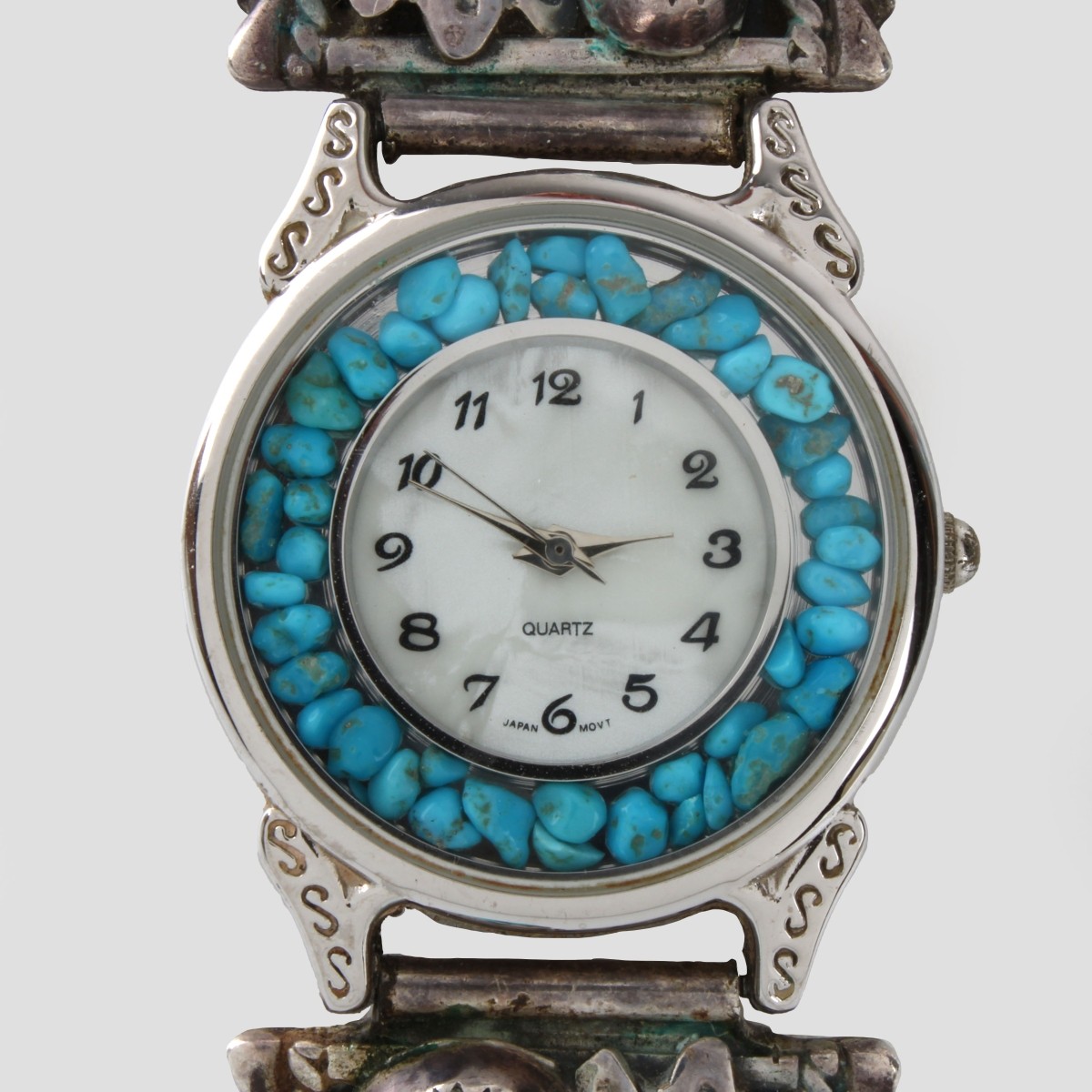 Navajo Turquoise, Coral & Silver Watch Bracelet