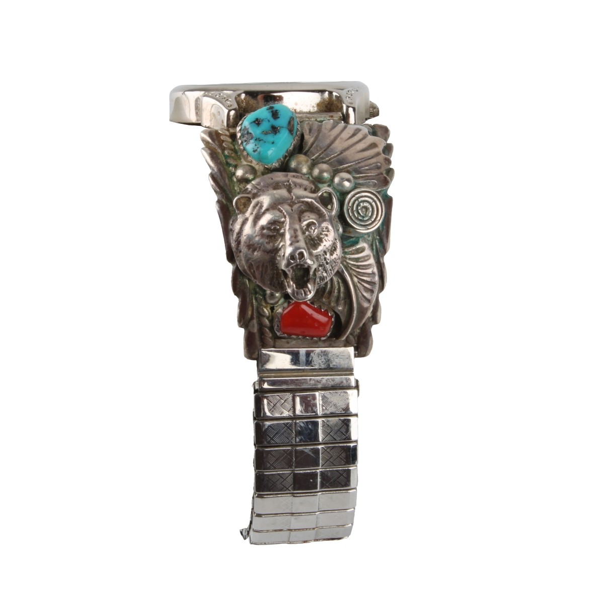 Navajo Turquoise, Coral & Silver Watch Bracelet