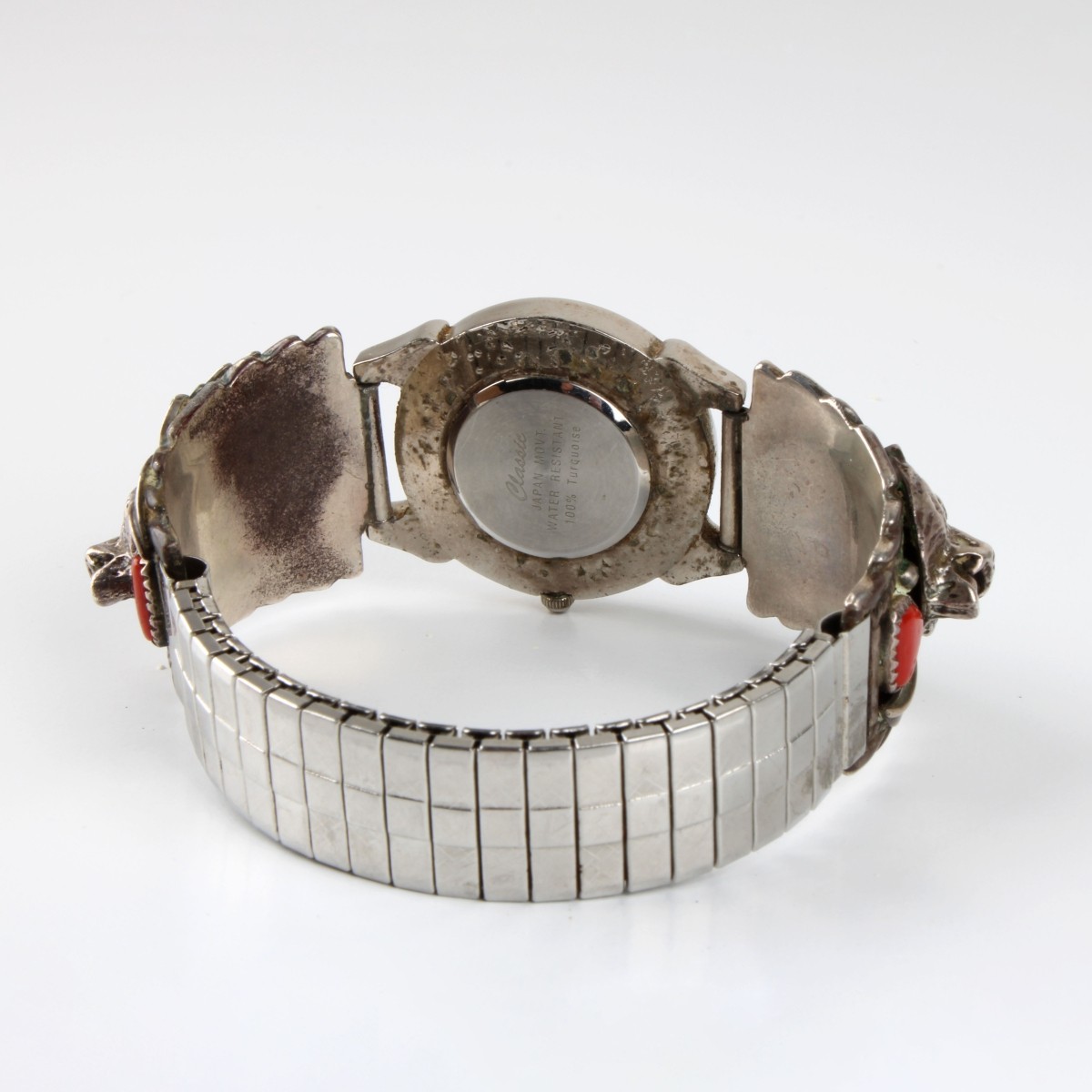 Navajo Turquoise, Coral & Silver Watch Bracelet