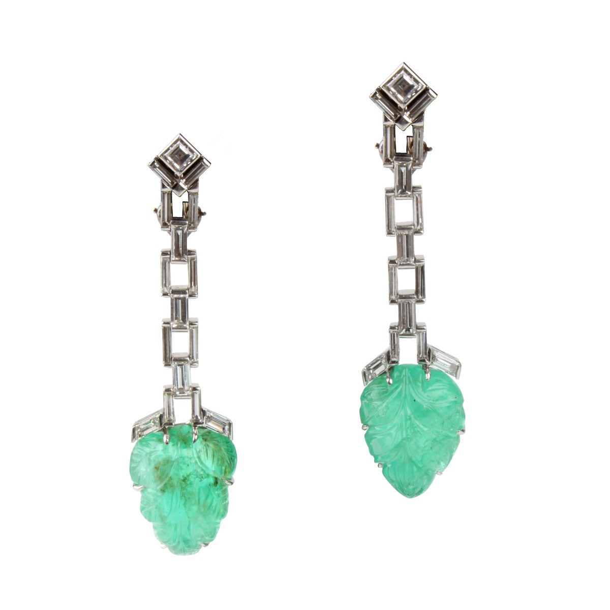 Deco Emerald, Diamond and Platinum Earrings