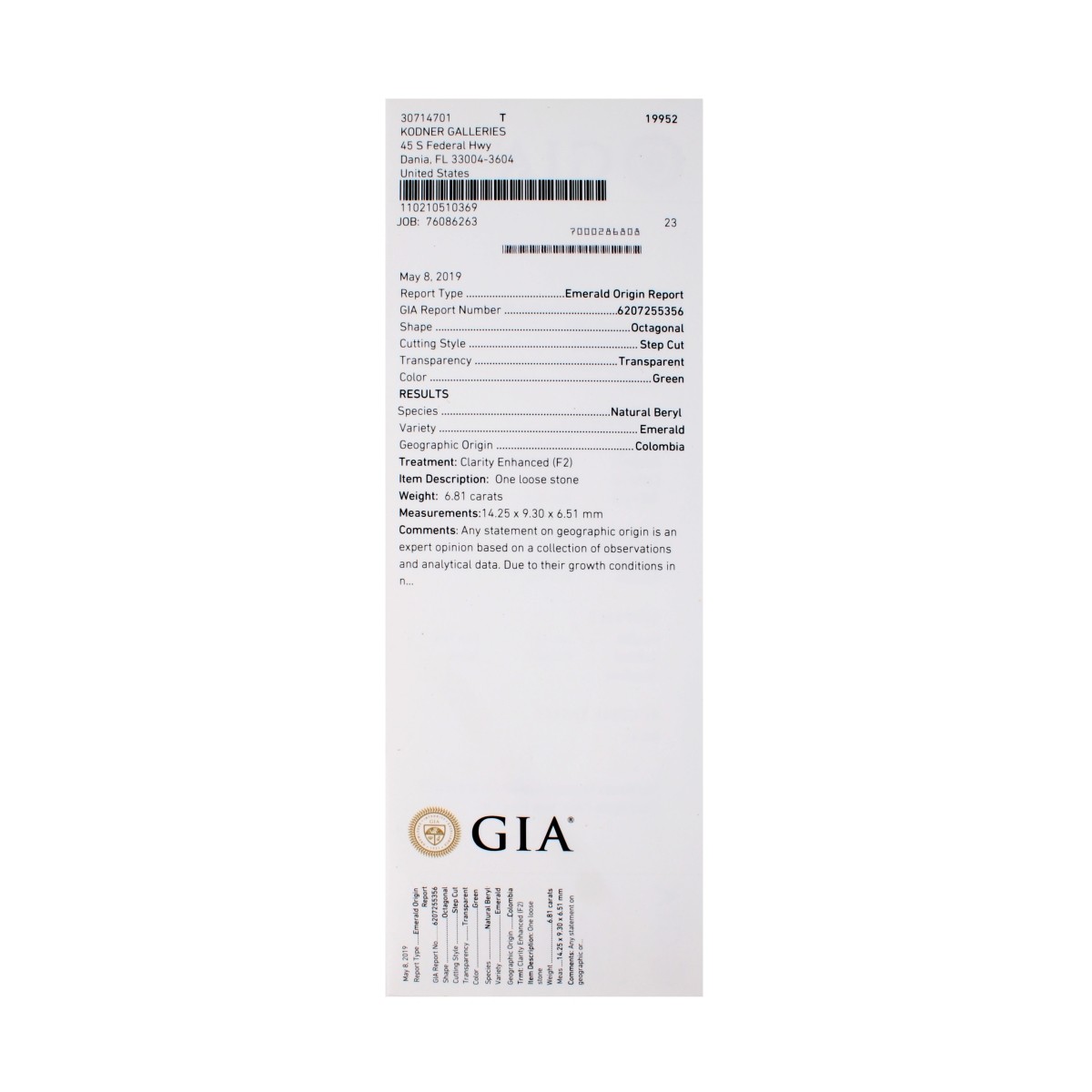 GIA 6.81ct. Colombian Emerald