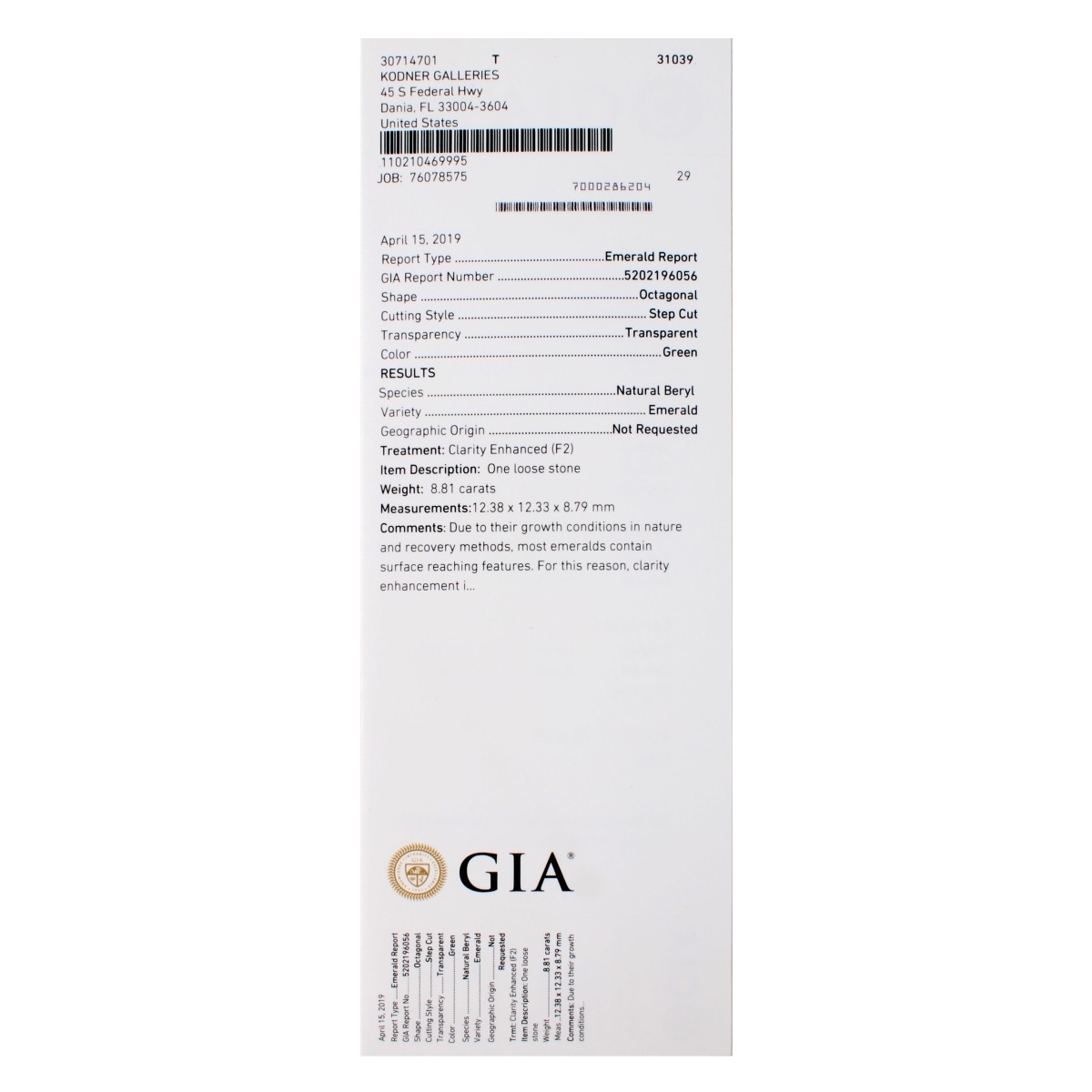 GIA 8.81ct. Colombian Emerald