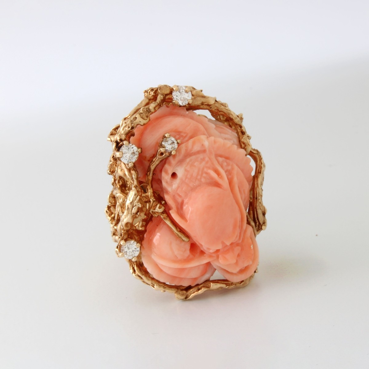 Coral, Diamond and 14K Ring