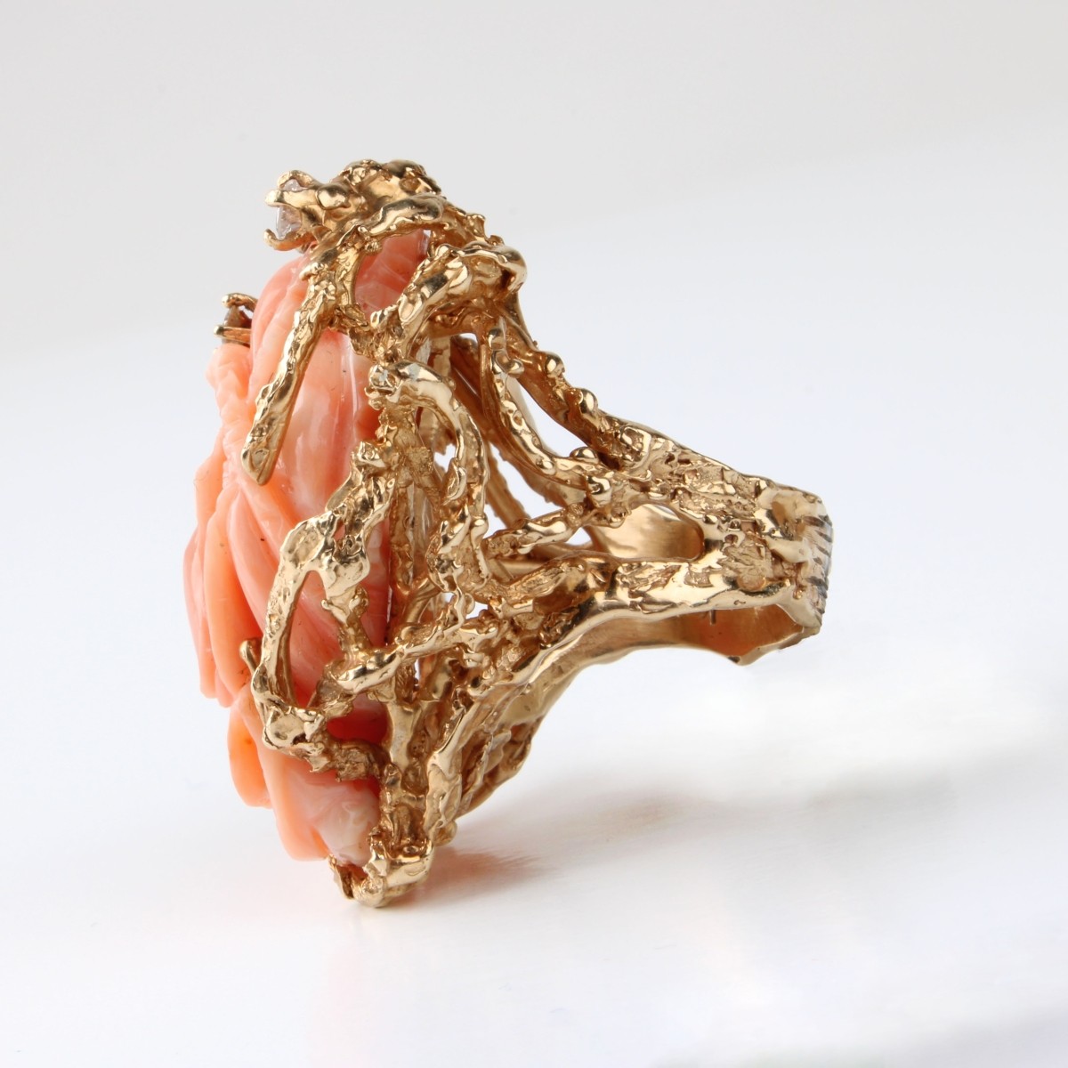 Coral, Diamond and 14K Ring