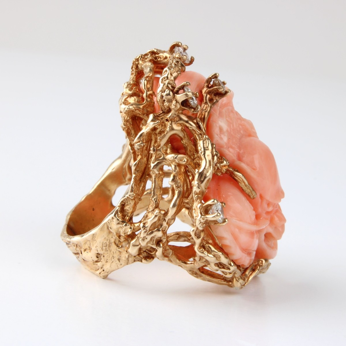 Coral, Diamond and 14K Ring