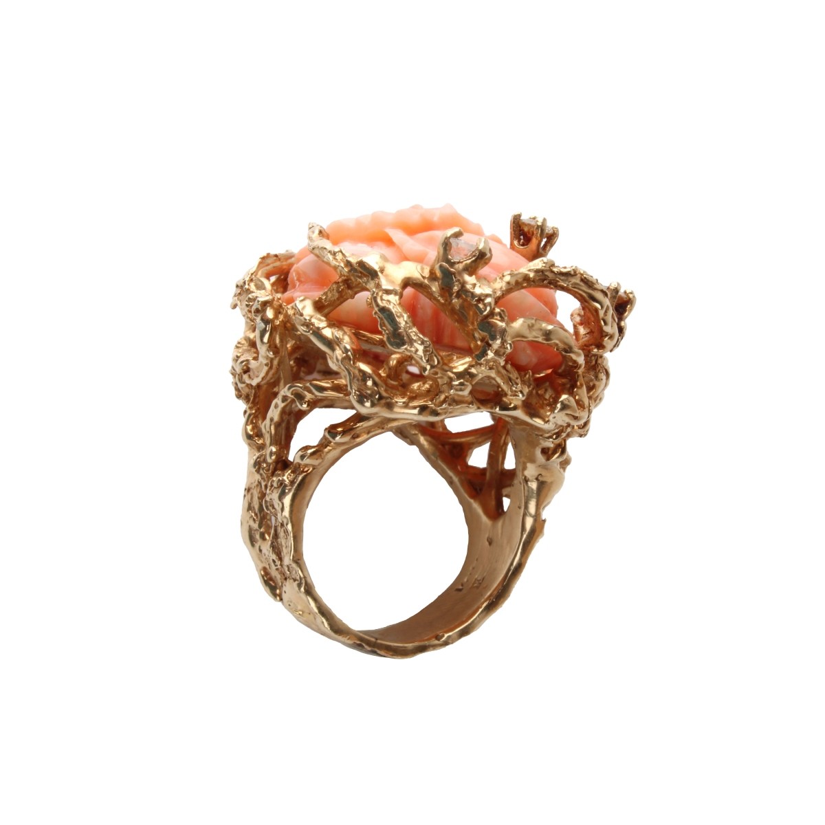 Coral, Diamond and 14K Ring