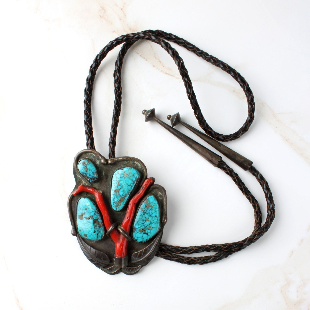 Navajo Coral, Turquoise and Silver Bolo Tie