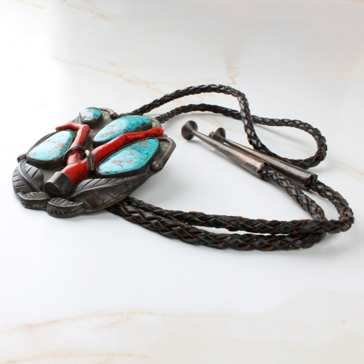 Navajo Coral, Turquoise and Silver Bolo Tie