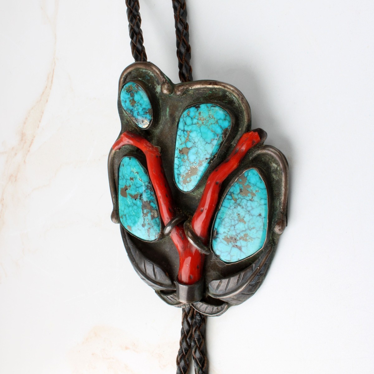 Navajo Coral, Turquoise and Silver Bolo Tie