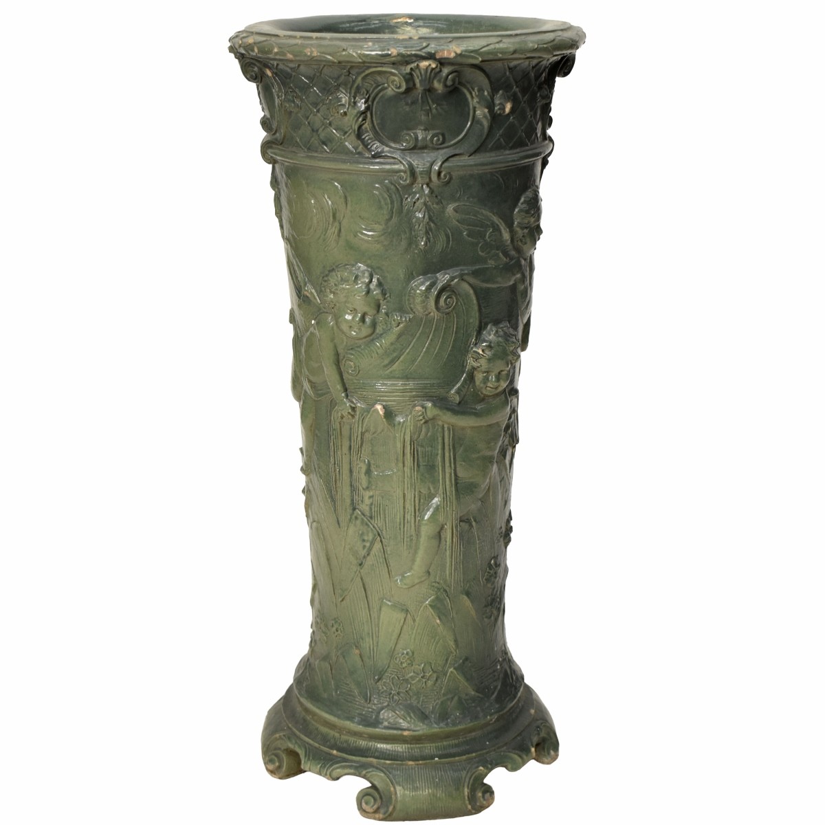 Antique Green Painted Terra Cotta Umbrella Stand