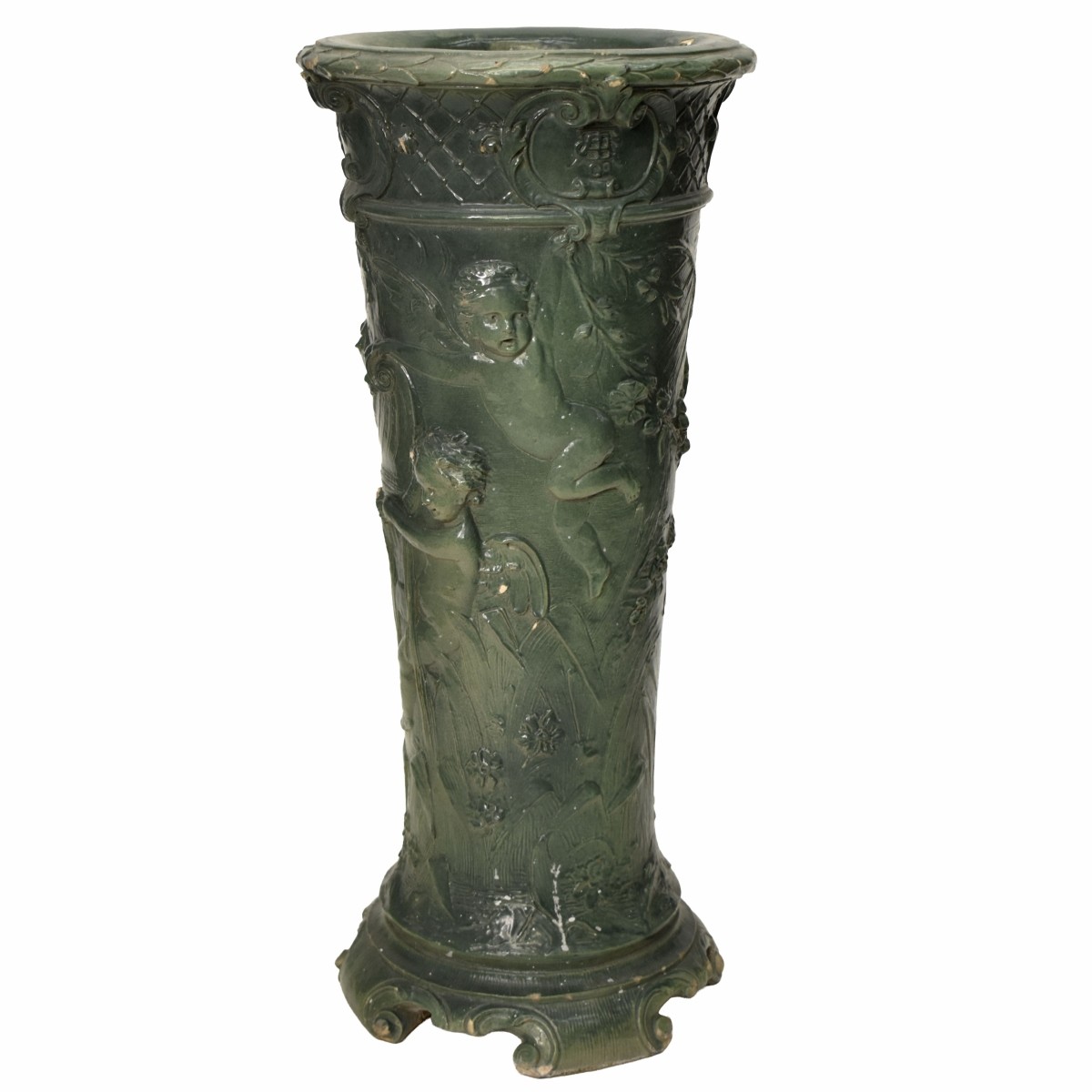 Antique Green Painted Terra Cotta Umbrella Stand