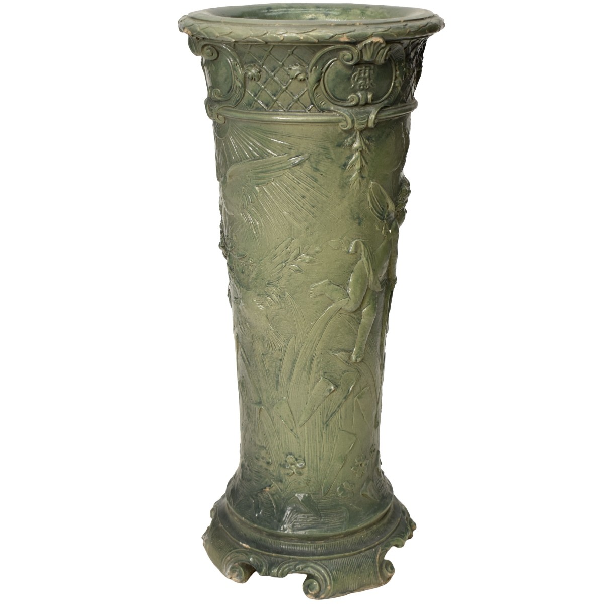 Antique Green Painted Terra Cotta Umbrella Stand