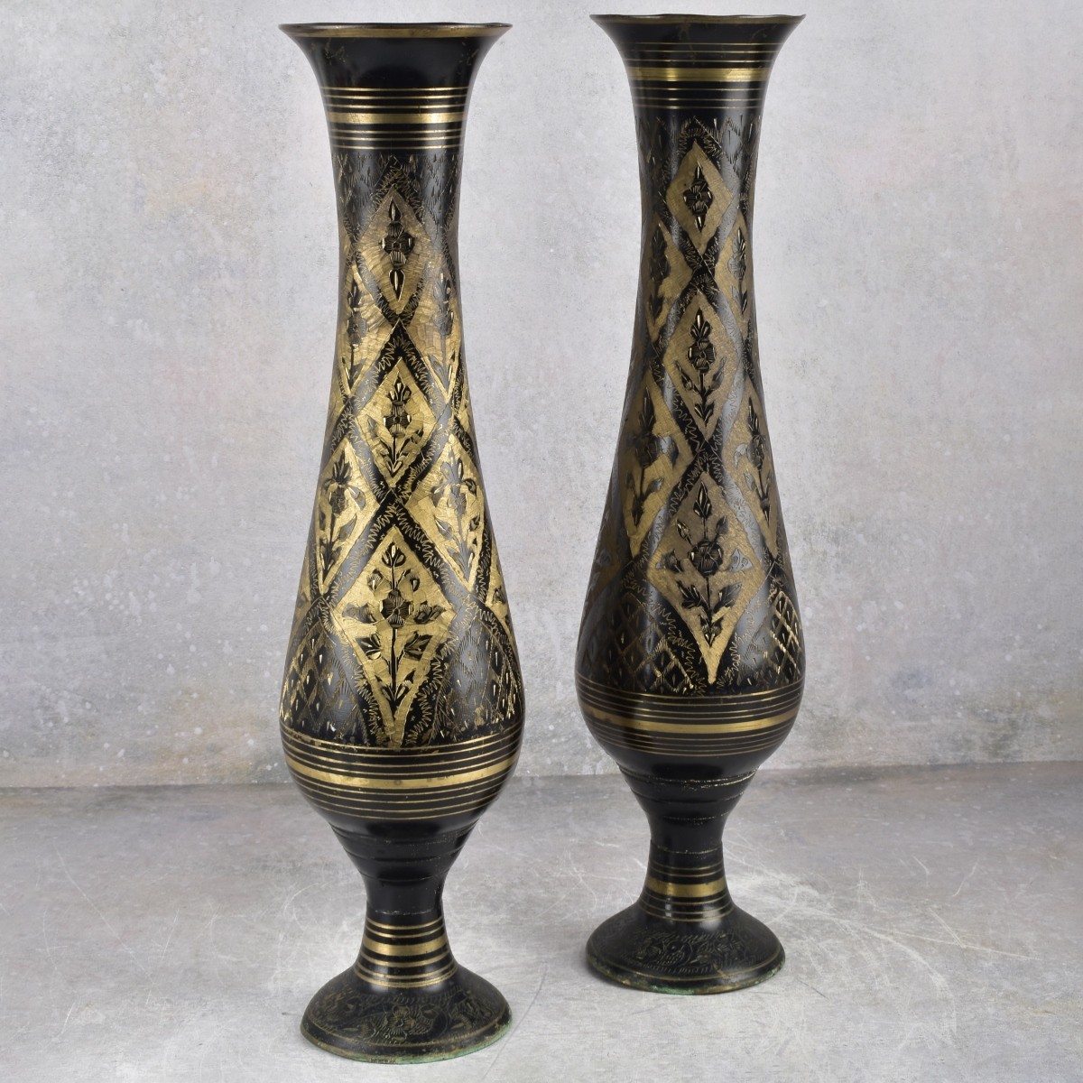 Brass Engraved and Enamel Floral Vases
