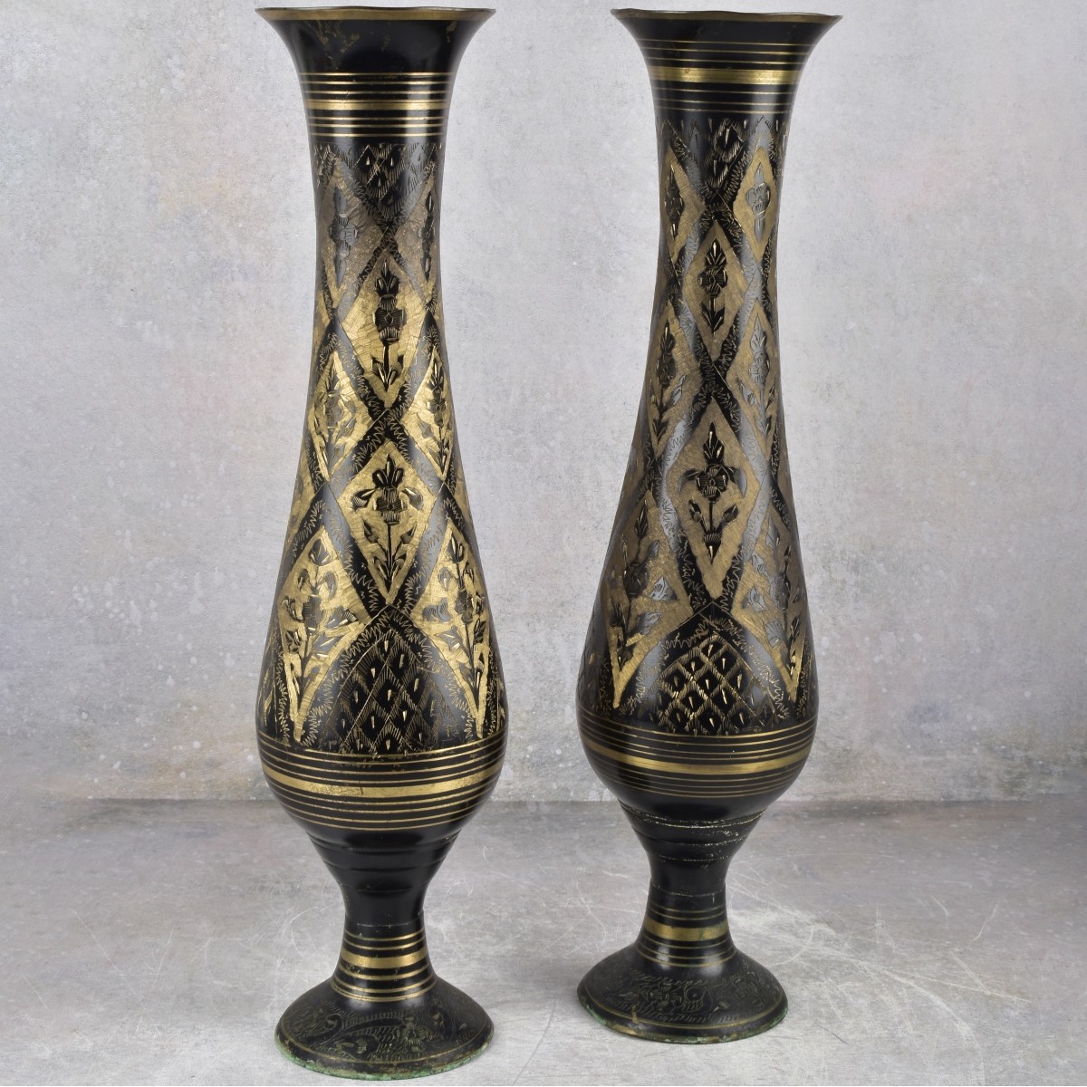 Brass Engraved and Enamel Floral Vases