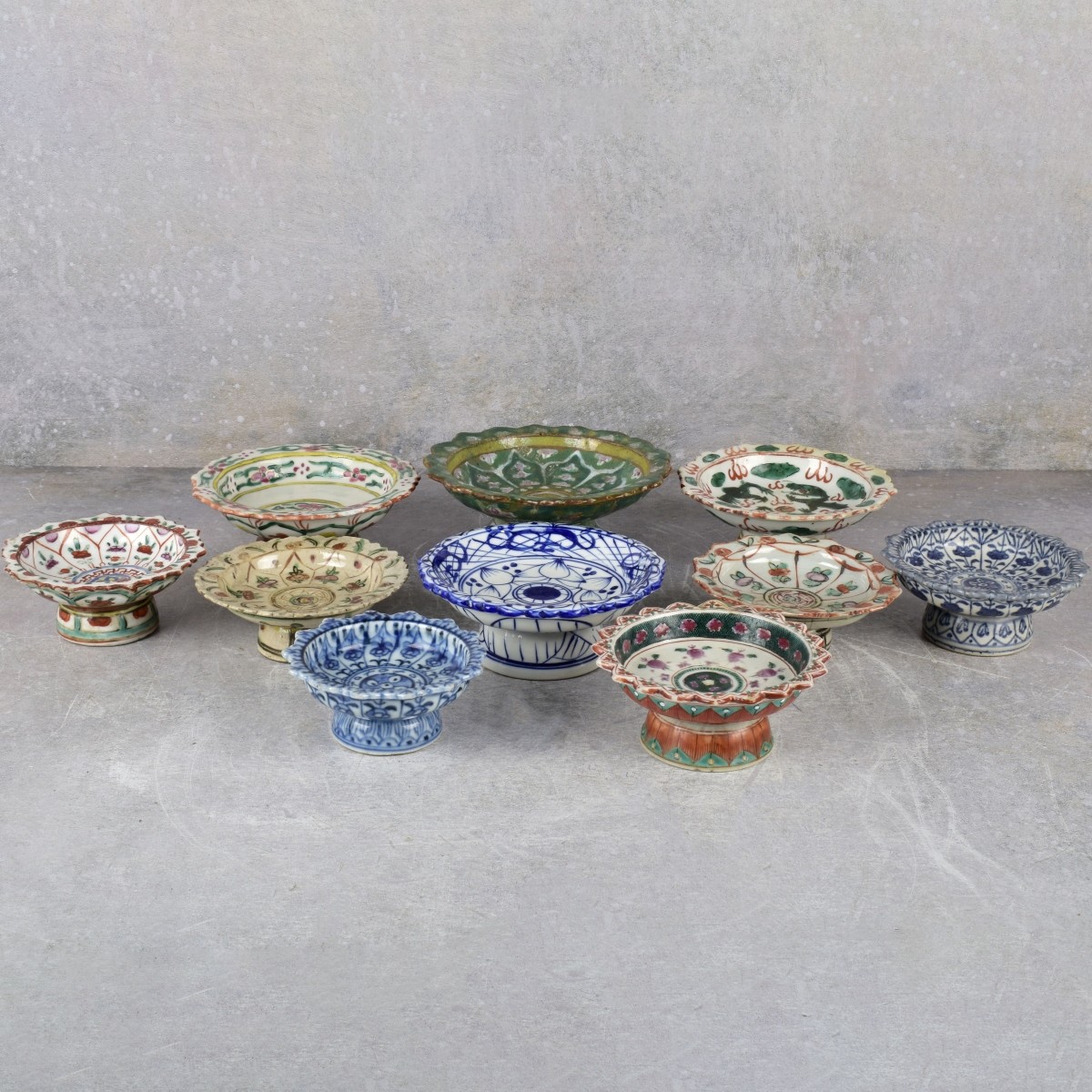 Thai Benjarong Porcelain Enameled Foot Dishes
