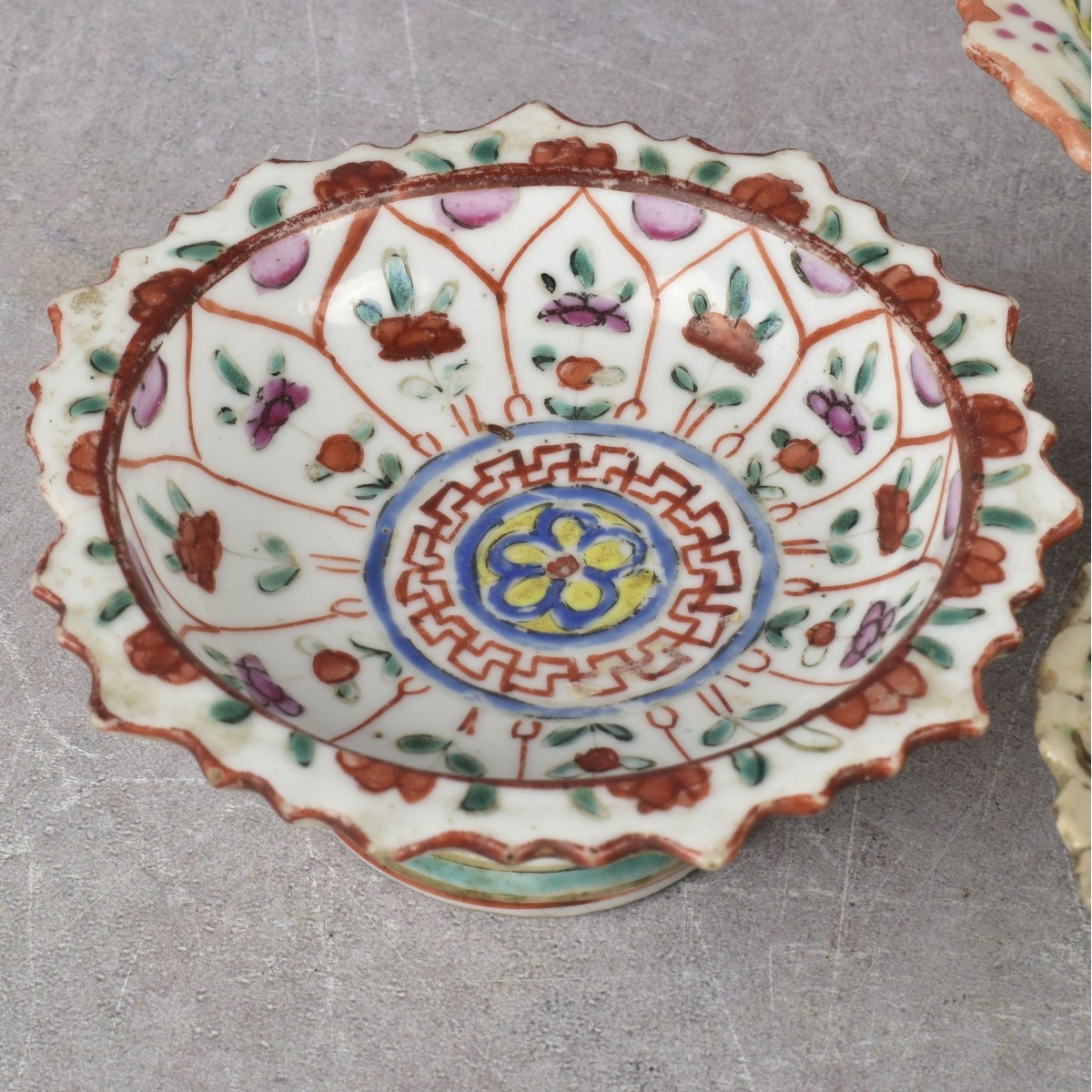 Thai Benjarong Porcelain Enameled Foot Dishes