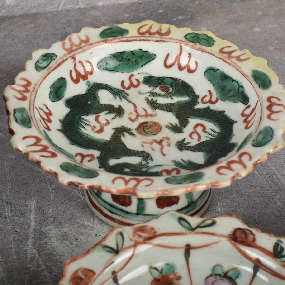 Thai Benjarong Porcelain Enameled Foot Dishes