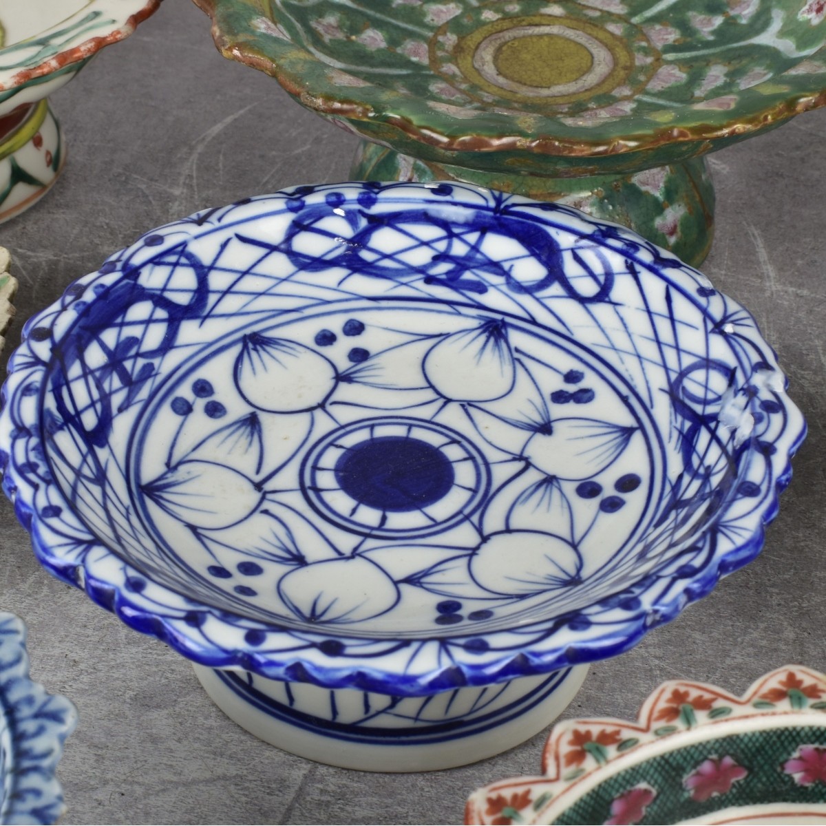 Thai Benjarong Porcelain Enameled Foot Dishes
