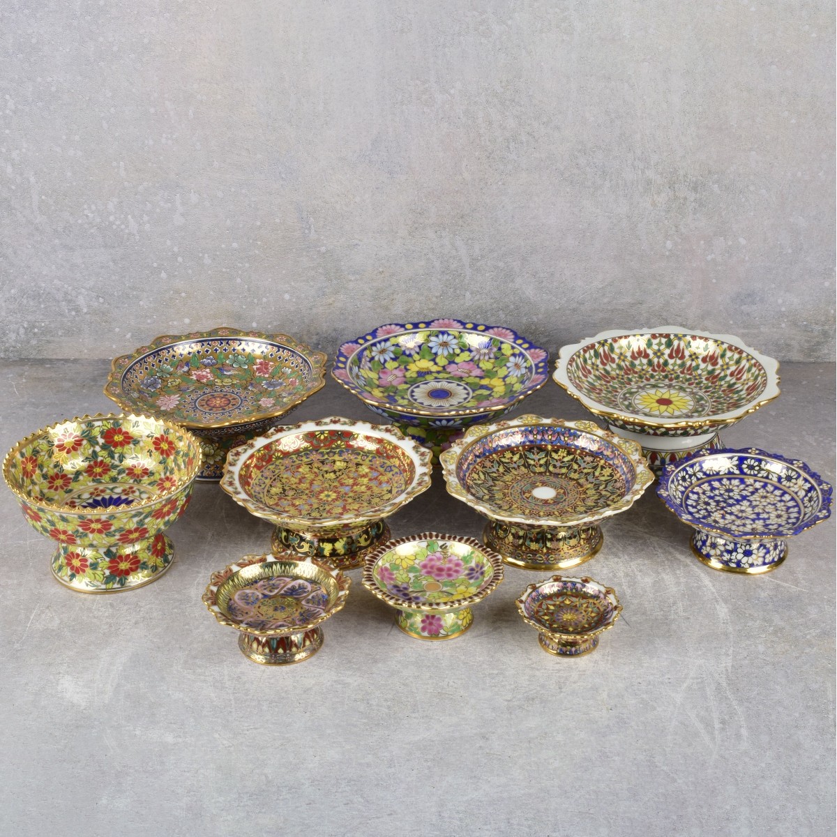 Thai Benjarong Porcelain Enameled Foot Dishes