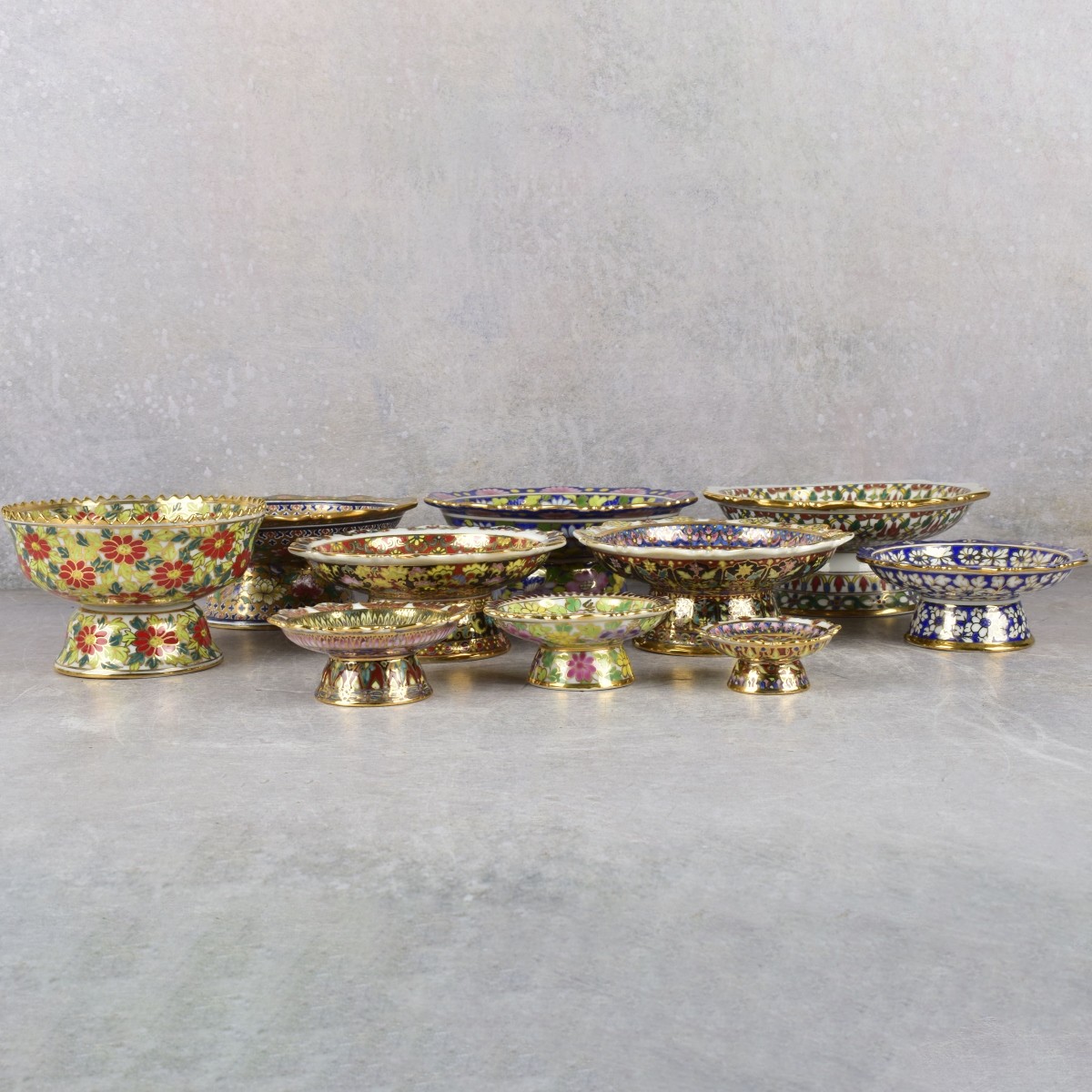 Thai Benjarong Porcelain Enameled Foot Dishes