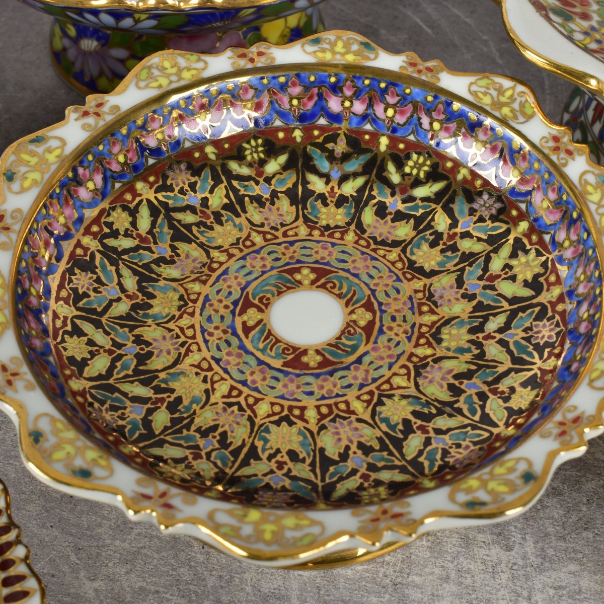 Thai Benjarong Porcelain Enameled Foot Dishes