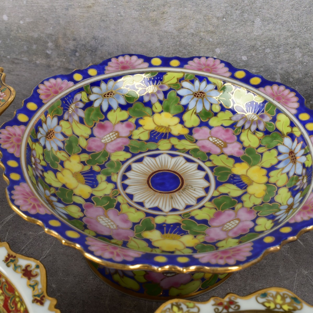 Thai Benjarong Porcelain Enameled Foot Dishes