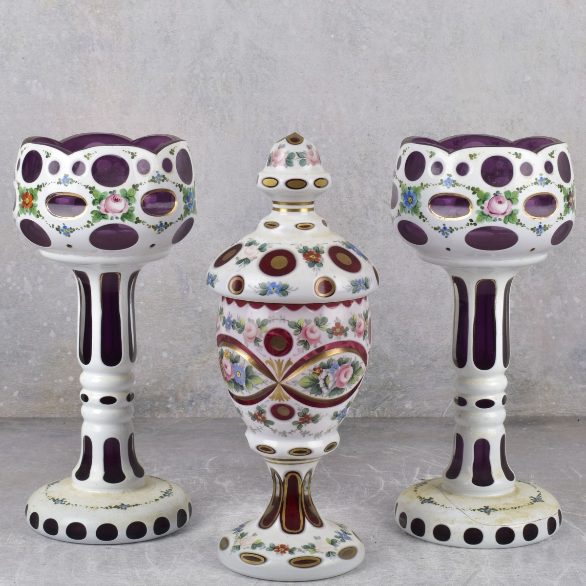 Antique Cut to Amethyst Glass Footed Pieces